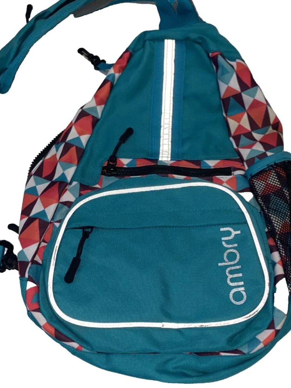Ambry Sling Bag Crossbody Shoulder Purse Backpack Aqua Pink Diamond Print EUC